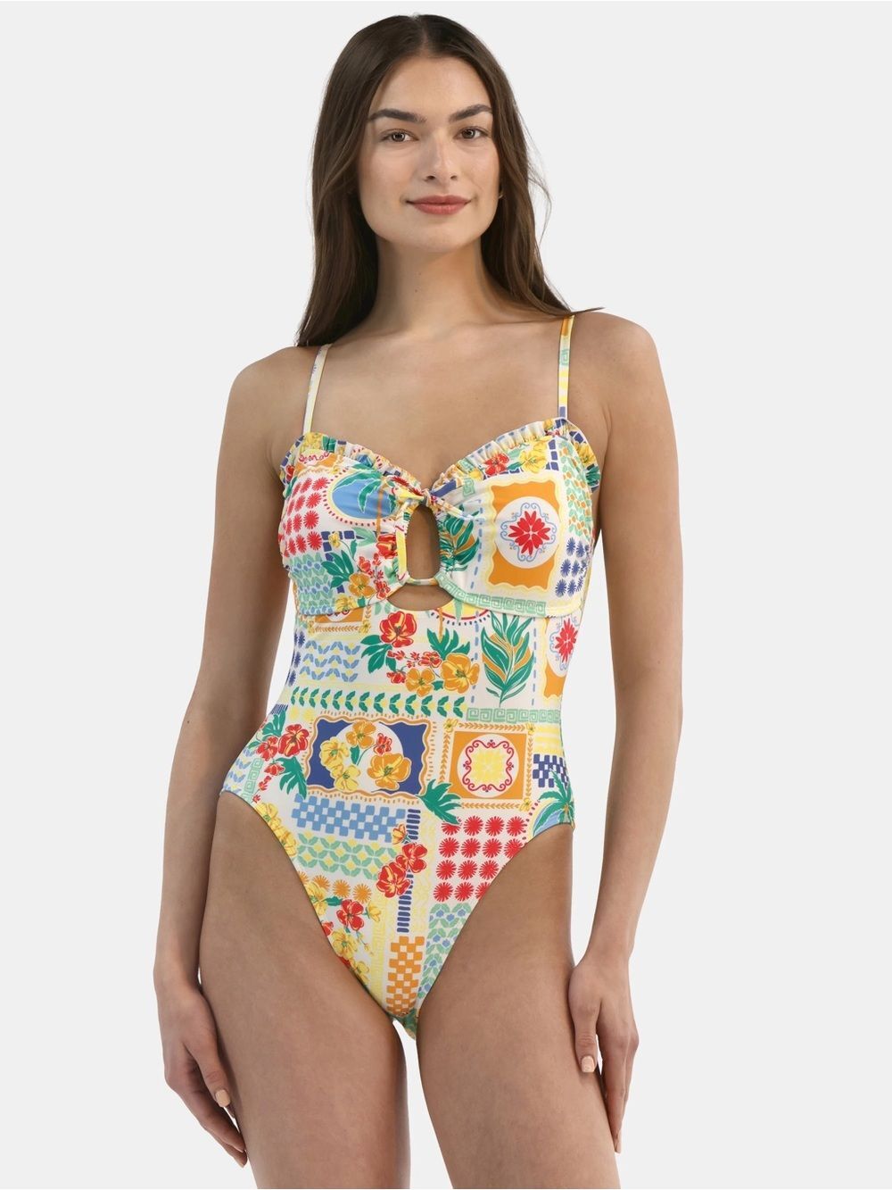 Time and Tru White Colorful Multi Floral Palm Hibiscus Print OnePiece Bikini S